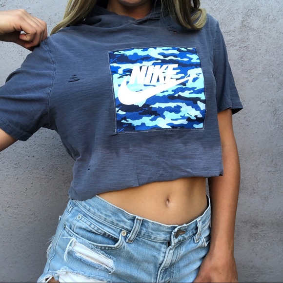 Repurposed Nike Hoodie Distressed Crop Tee - Picture 2 of 6